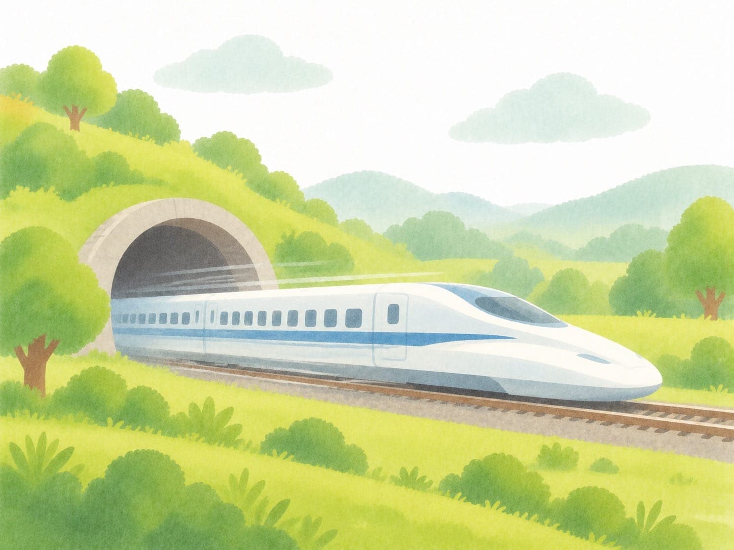 A white bullet train with a long, pointed nose speeding out of a tunnel through green hills.