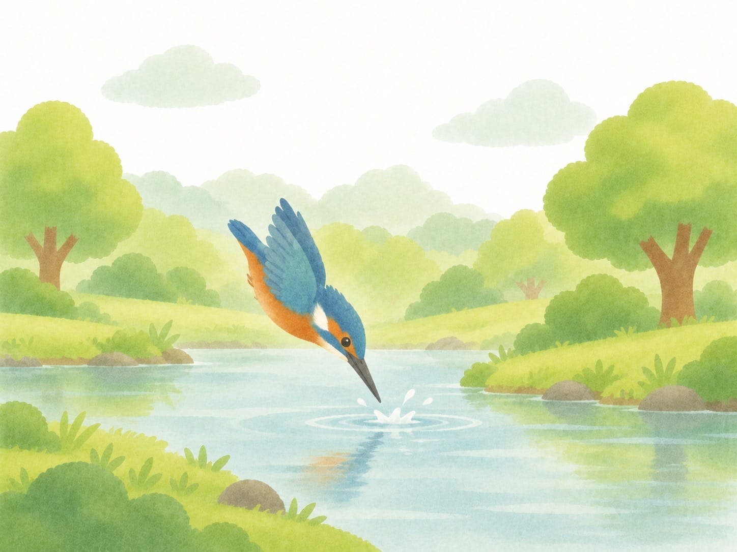 A blue and orange kingfisher diving beak-first into a calm river, with a tiny splash.