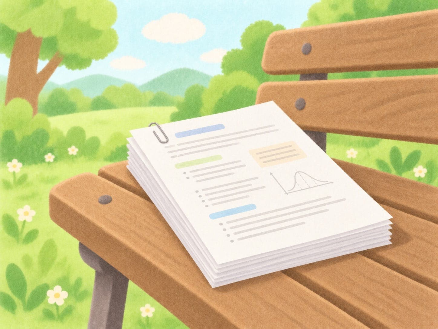 A neat stack of clean, white printed handouts with a paper clip, on a wooden park bench.
